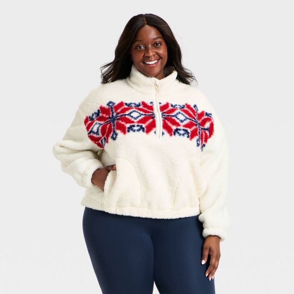 Women's High Pile Fleece 1/2 Zip Pullover Jacket - All In Motion Cream/Red 1X